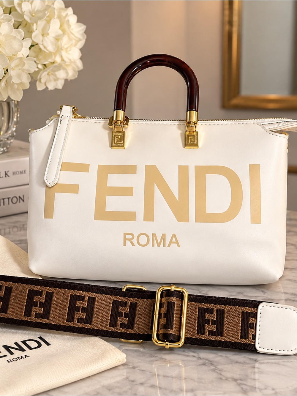 Source Unknown White Leather Tote with Gold Logo and Brown Handle